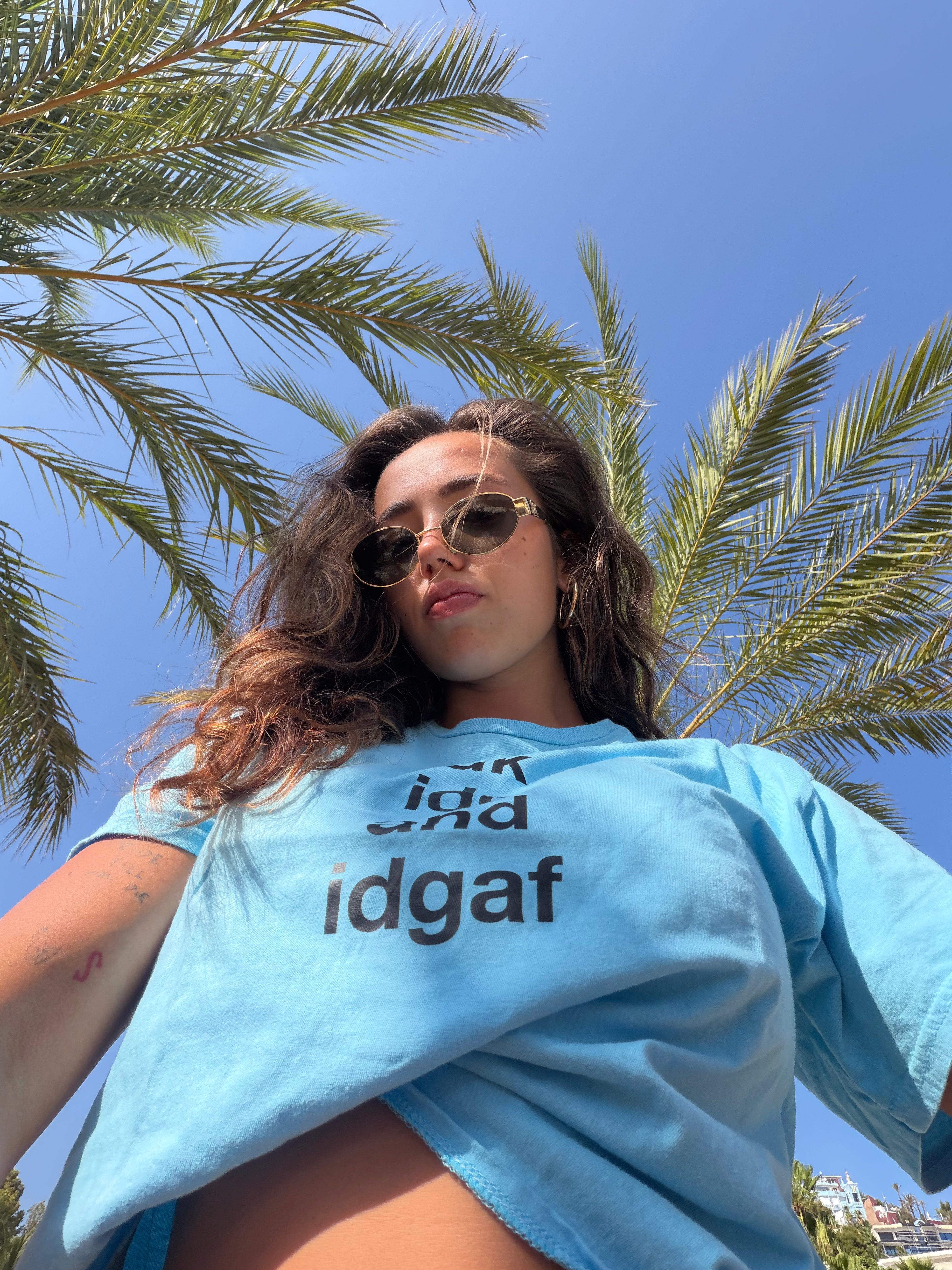 "idk idc and idgaf" blue tee