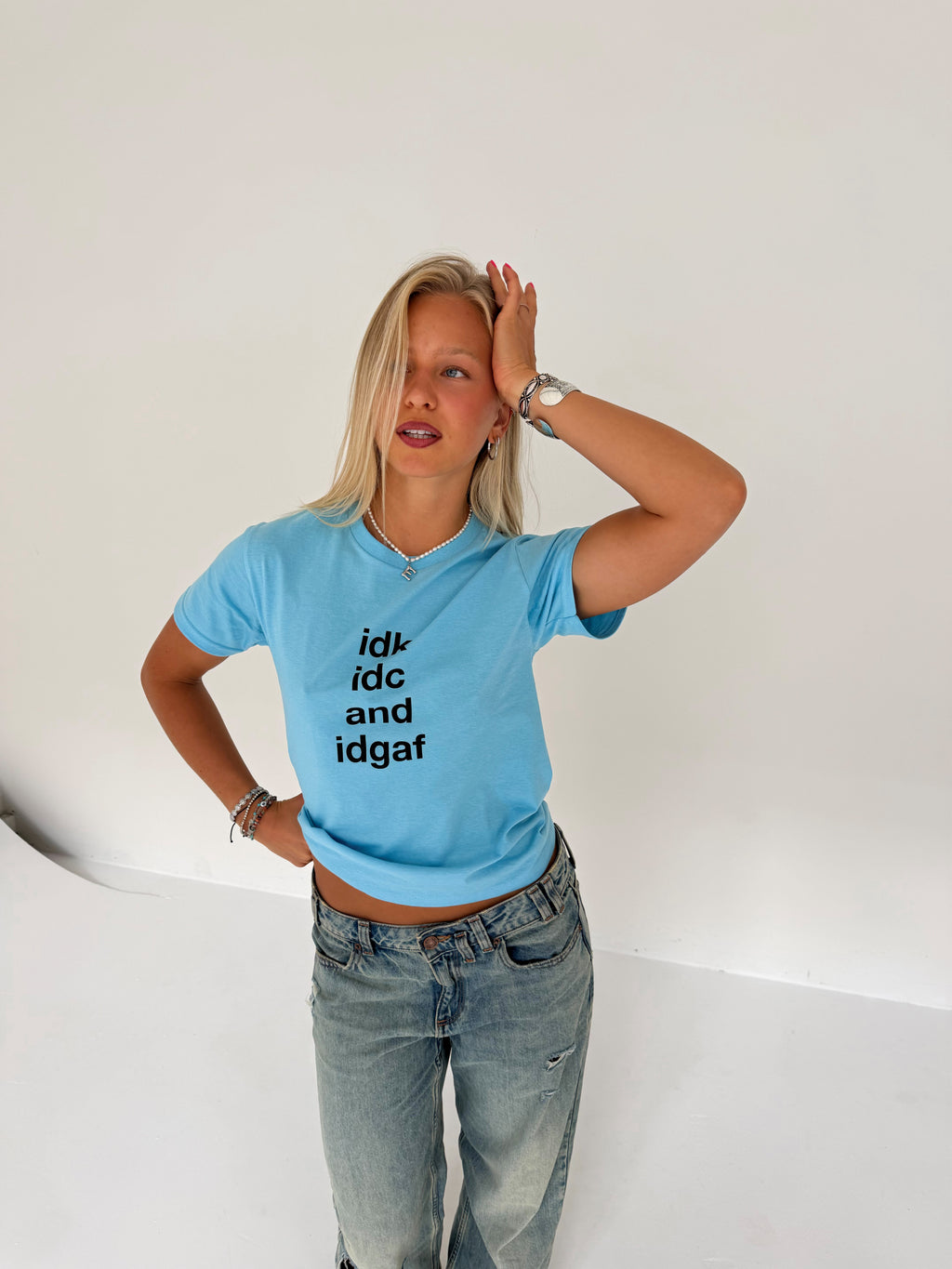 "idk idc and idgaf" blue tee