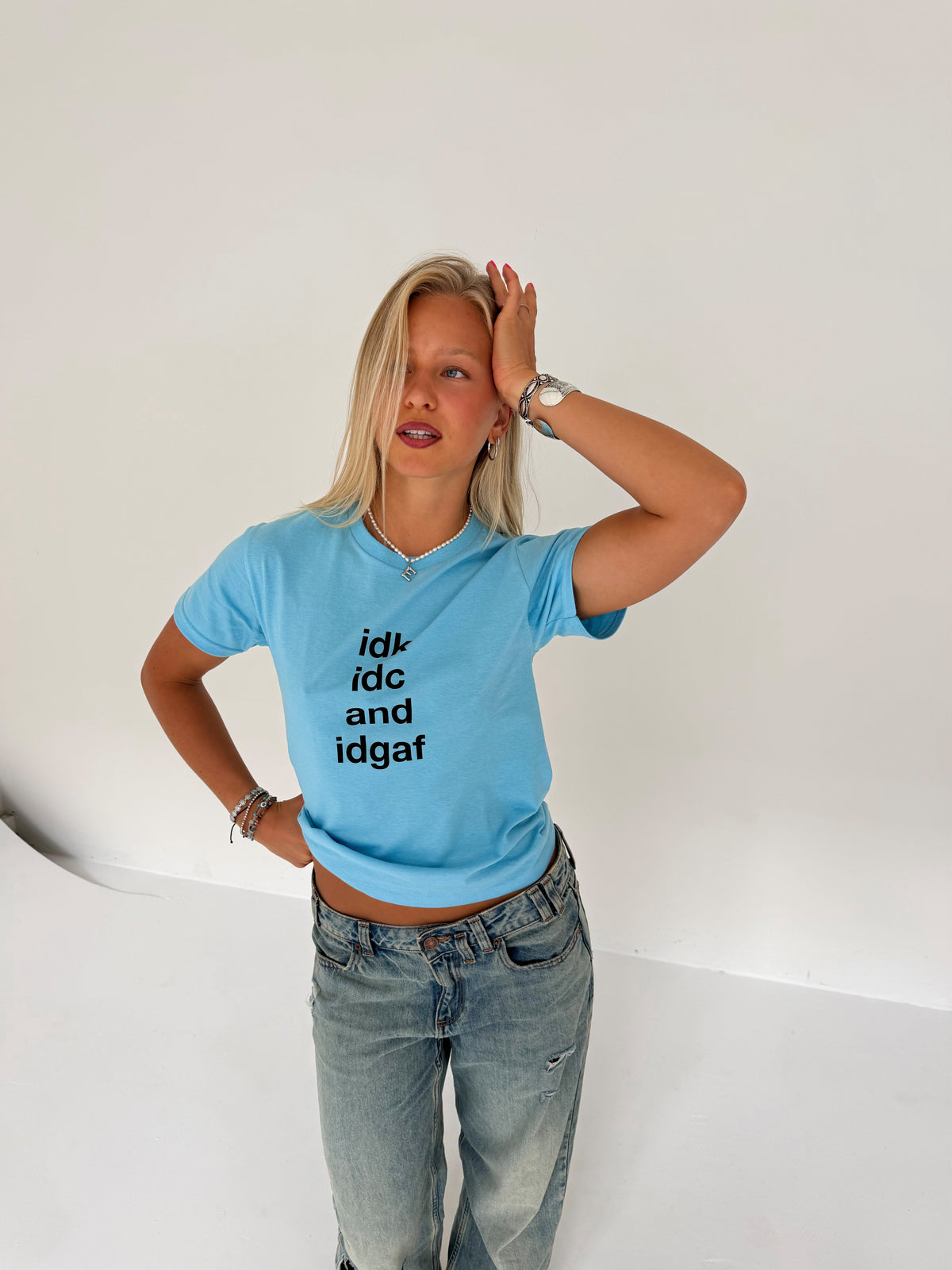 "idk idc and idgaf" blue tee