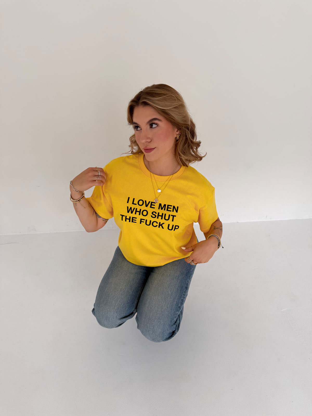 "I LOVE MEN WHO SHUT THE FUCK UP" yellow tee