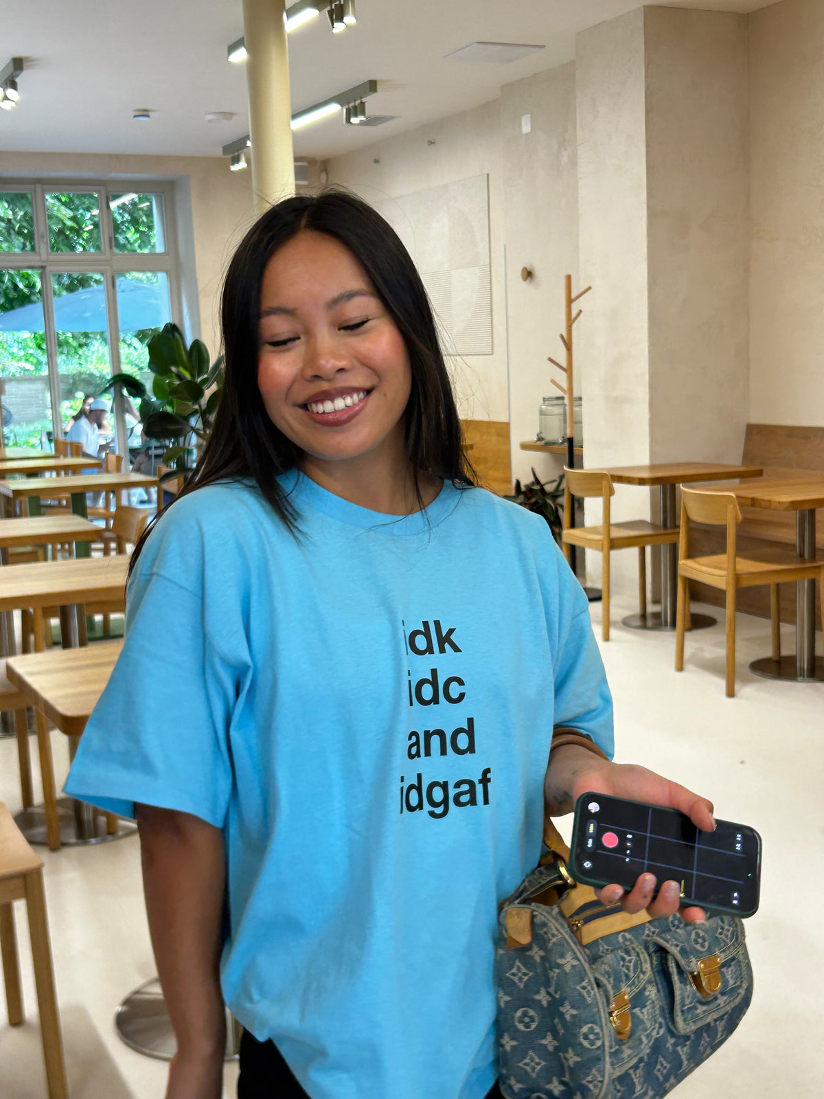 "idk idc and idgaf" blue tee