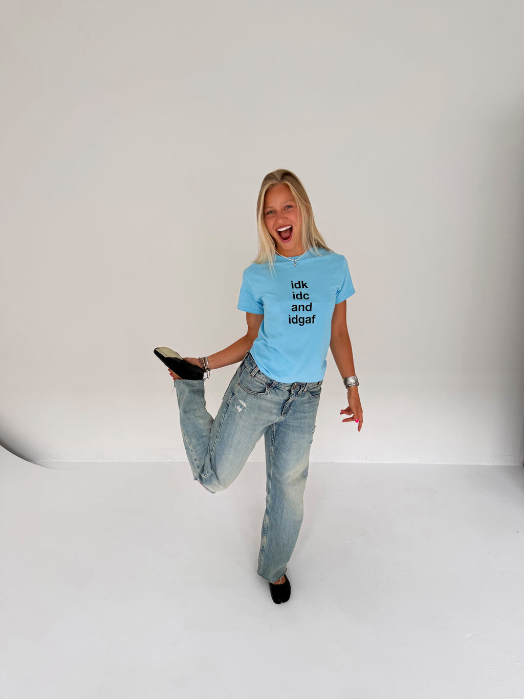 "idk idc and idgaf" blue tee