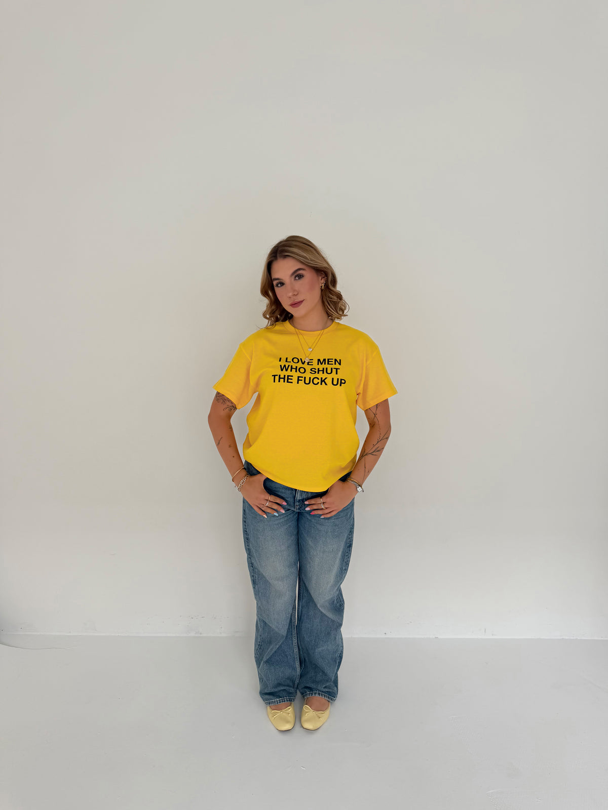 "I LOVE MEN WHO SHUT THE FUCK UP" yellow tee