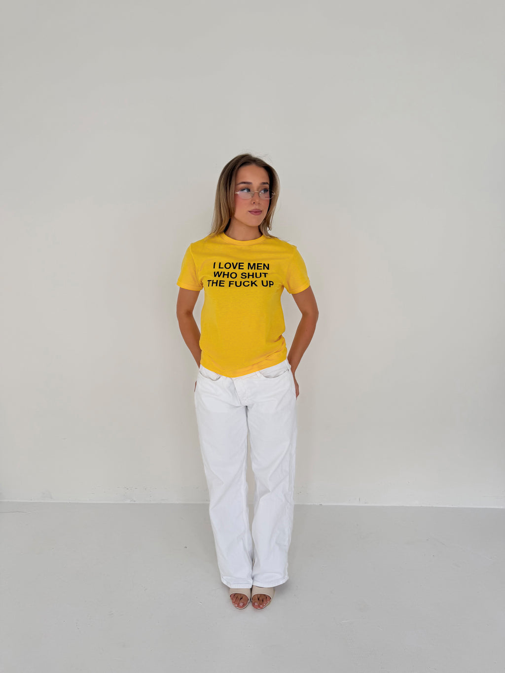 "I LOVE MEN WHO SHUT THE FUCK UP" yellow tee