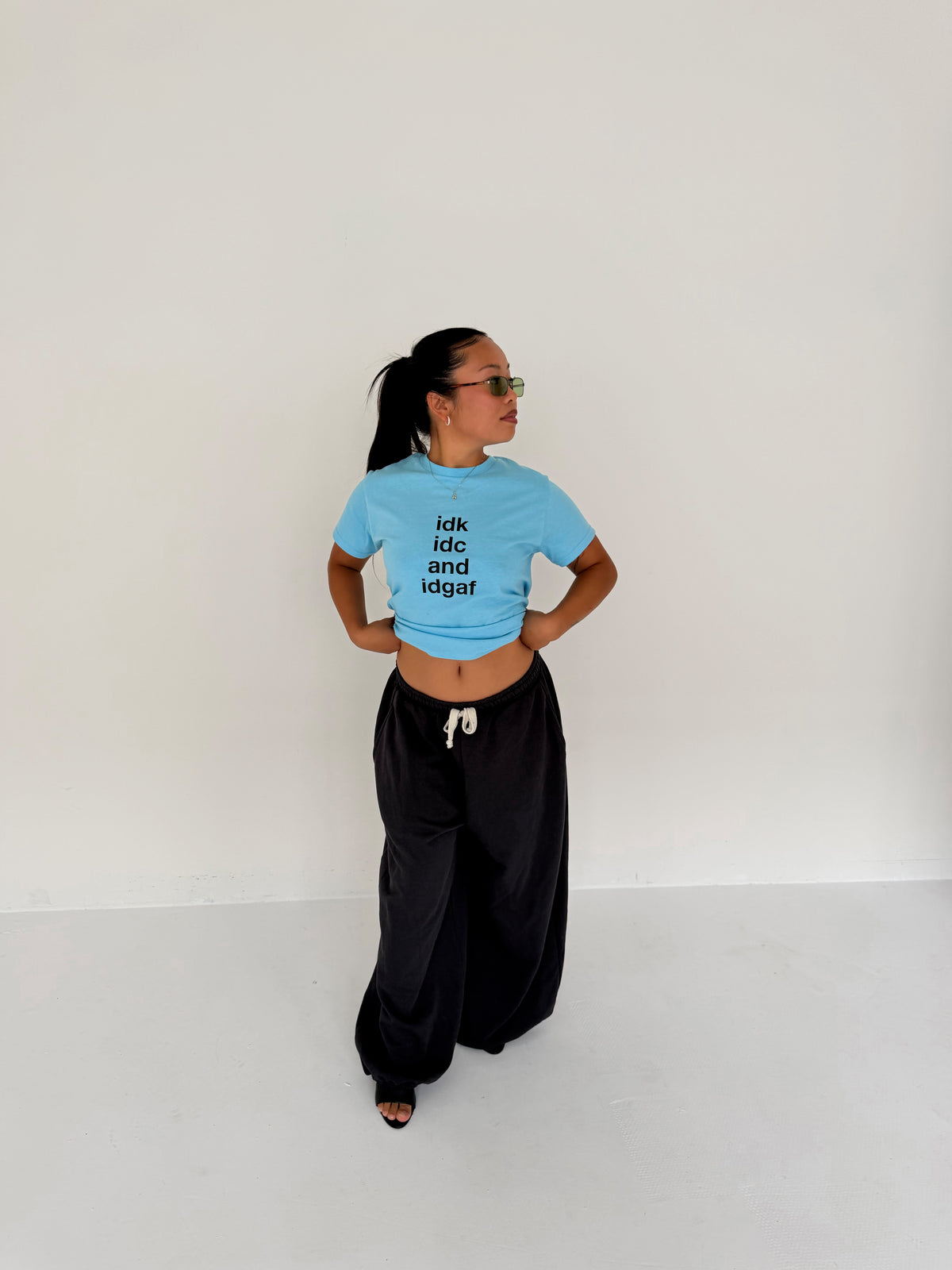 "idk idc and idgaf" blue tee