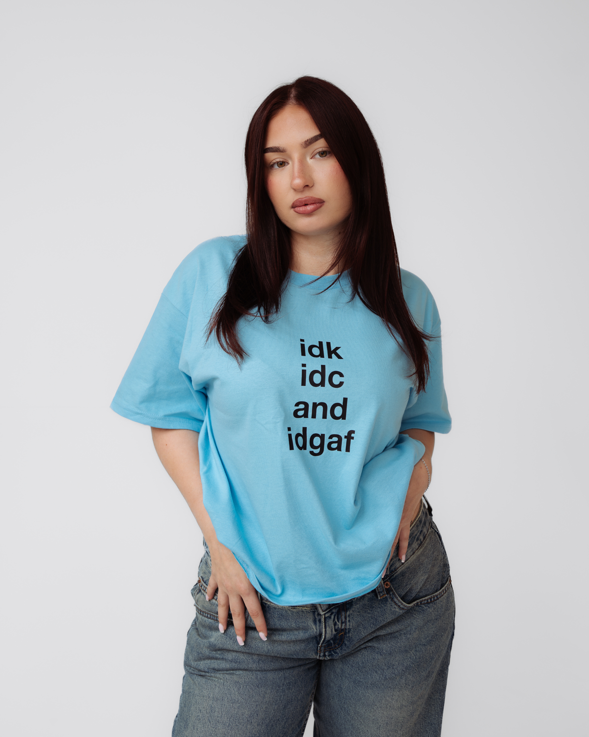 "idk idc and idgaf" blue tee